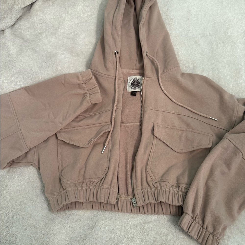 Ashley vintage charm cropped Beige Zip-Up Hoodie